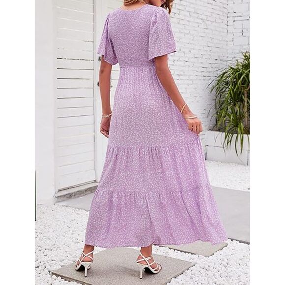 Floral Flutter Sleeve Smocked High Waist Flowy Maxi Dress, L, 5B-144D004 - Picture 2 of 2